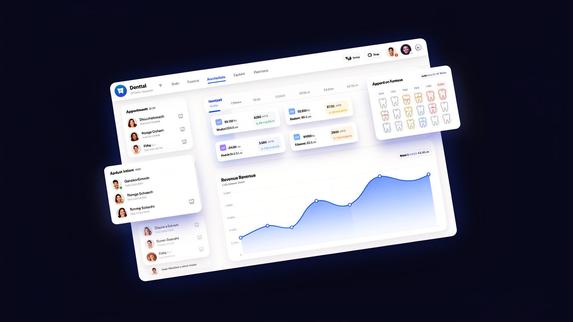 DentalCRM dashboard showing schedule, patient charts, and revenue analytics